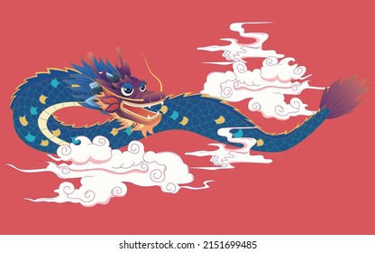 Dragon Boat Festival with rice dumplings in the sea and dragons in the sky, vector illustration