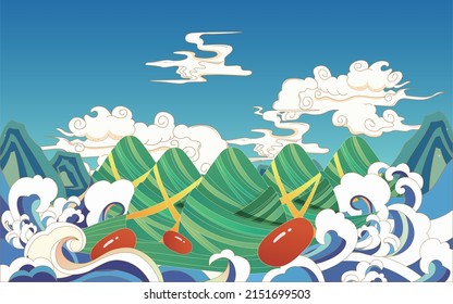 Dragon Boat Festival with rice dumplings in the sea and dragons in the sky, vector illustration