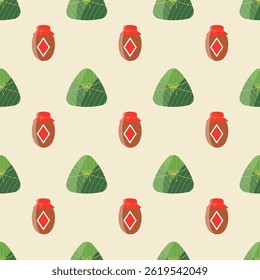Dragon Boat Festival seamless pattern with decorative zongzi, rice, bamboo leaves, realgar wine. Vector illustration for Duanwu Festival in Asia
