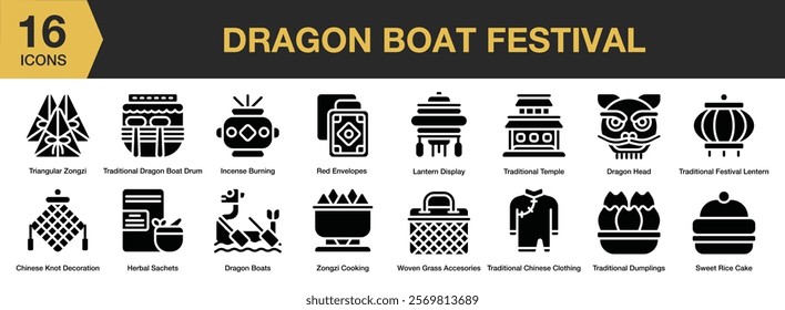 Dragon Boat Festival solid icon set. Includes oriental, dragon, chinese, traditional, boat, and More. Solid icons vector collection.