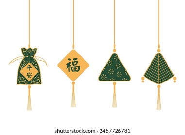 Dragon Boat Festival traditional decorations hanging fragrant sachets, text Safe, Fortune, line art hand drawn illustration. Holiday clip art, card, banner element. Asian style design, isolated vector