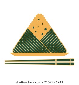 Dragon Boat Festival traditional food zongzi dumpling on plate, chopsticks line art hand drawn illustration. Holiday clip art, card, banner, poster element. Asian style design, isolated vector.