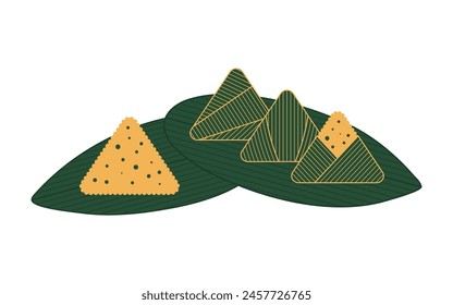 Dragon Boat Festival traditional zongzi dumplings on bamboo leaves line art hand drawn illustration. Holiday clip art, card, banner, poster element. Asian style design, isolated vector.