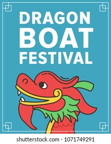 Dragon boat festival vector illustration, 5th day of May. Cartoon character of chinese dragon on blue background.  Vertical banner