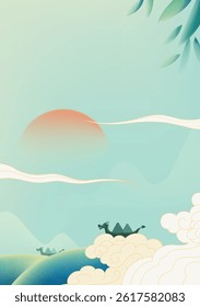 Dragon Boat Festival vertical illustration auspicious clouds and dragon boats