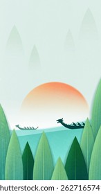 Dragon Boat Festival vertical illustration reed leaves across the dragon boat