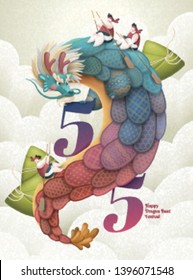 Dragon boat festival written in Chinese words with dragon holding rice dumplings in the sky