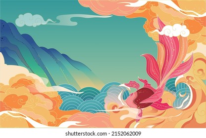 Dragon boat race on the Dragon Boat Festival with clouds and koi in the background, vector illustration