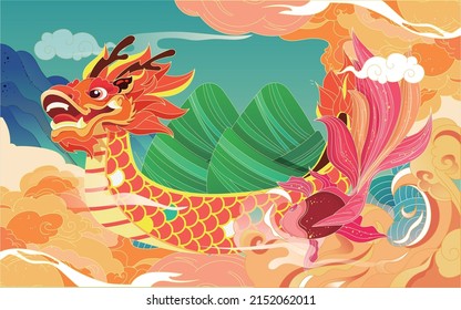 Dragon boat race on the Dragon Boat Festival with clouds and koi in the background, vector illustration