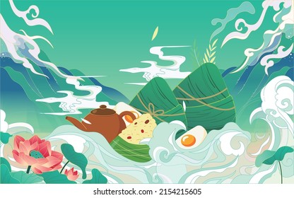 Dragon boat race on dragon boat festival, eating zongzi traditional food, vector illustration