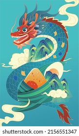 Dragon boat race on dragon boat festival, eating rice dumplings, celebrating traditional festival activities, Chinese dragon, vector illustration