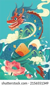 Dragon boat race on dragon boat festival, eating rice dumplings, celebrating traditional festival activities, Chinese dragon, vector illustration