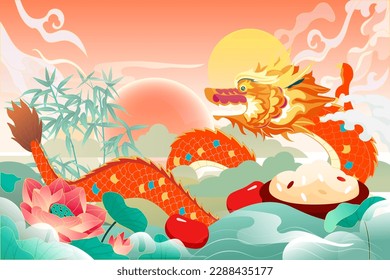 Dragon boat race on Dragon Boat Festival, Chinese traditional festival, with river and auspicious clouds in the background, vector illustration