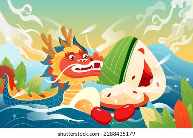 Dragon boat race on Dragon Boat Festival, Chinese traditional festival, with river and auspicious clouds in the background, vector illustration