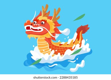 Dragon boat race on Dragon Boat Festival, Chinese traditional festival, with river and auspicious clouds in the background, vector illustration