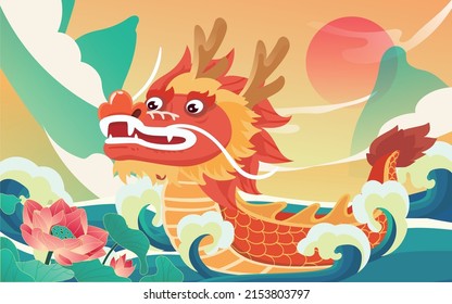 Dragon boat race on the water during the Dragon Boat Festival with mountains and waves in the background, vector illustration