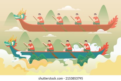 Dragon boat race on water for dragon boat festival with mountains and waves as background, vector illustration