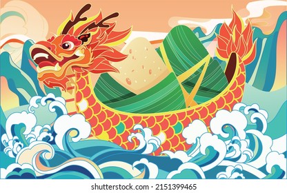 Dragon boat race in the river on the Dragon Boat Festival with waves and mountain peaks in the background, vector illustration