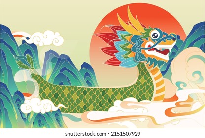 Dragon boat race in the river on the Dragon Boat Festival with clouds and mountains in the background, vector illustration