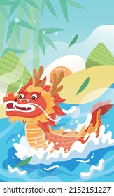 Dragon boat race in the river on the Dragon Boat Festival with bamboo and zongzi in the background, vector illustration