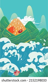 Dragon boat race in the river on the Dragon Boat Festival with waves and zongzi in the background, vector illustration