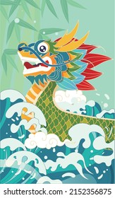 Dragon boat race in the river on the Dragon Boat Festival with waves and zongzi in the background, vector illustration