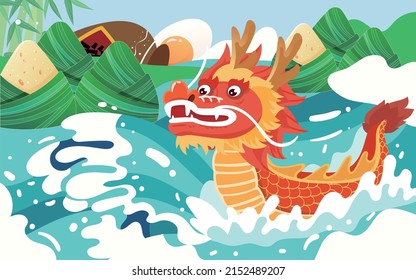 Dragon boat race in the river on the Dragon Boat Festival with waves and zongzi in the background, vector illustration,Chinese translation: Dragon Boat Festival