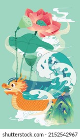 Dragon boat race in the river on the Dragon Boat Festival with lotus flowers and zongzi in the background, vector illustration