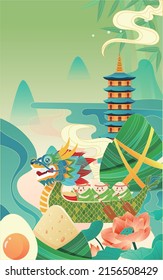 Dragon boat racing, eating rice dumplings, celebrating traditional festival activities on Dragon Boat Festival, vector illustration