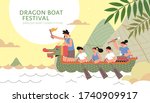 Dragon boat racing team upon river with giant rice dumplings mountain, Duanwu festival illustration