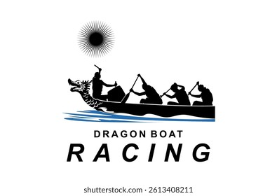 Dragon boat racing with water background, logo illustration, vector.