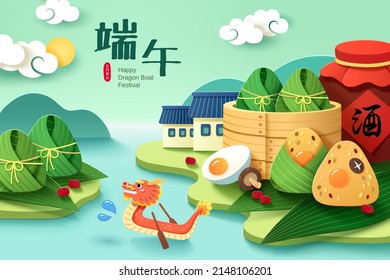A dragon boat rowing through the river across a village of a steamer, rice dumplings, and realgar wine in papercraft style. Translation: Duanwu Festival on lunar May 5th