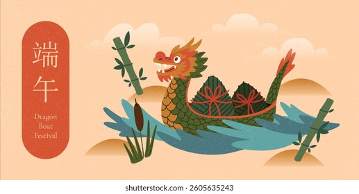 Dragon Boat sailing across River. Zongzi Dumplings on Boat. Holiday Concept. Bamboo Plants, Water, Clouds. Duanwu Festival Celebration. Flat Vector Illustration. Isolated on Background