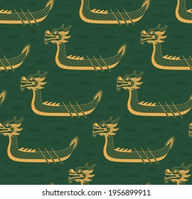Dragon boat  waves seamless pattern  gold green background  Hand drawn eastern style vector illustration  Design concept for Dragon Boat Festival print  packaging  wrapping paper  Line art 