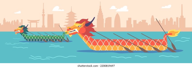 Dragon Boats with Paddles Sian Traditional Canoe on Water Pond, Canoeing, Rafting, Boating or Kayaking Sports and Activities. Boats in River or Lake for Rowing Competition. Cartoon Vector illustration