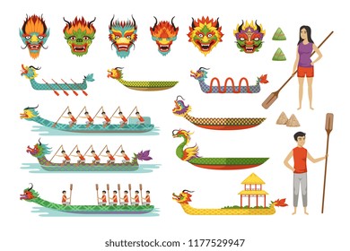 Dragon boats set, team of male athletes compete at Dragon Boat Festival vector Illustrations