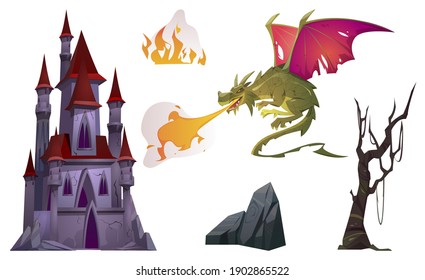 Dragon breath with fire, old castle, tree and rock cartoon set. Fantasy character, magic palace, natural objects fairytale images for book or computer game, vector icons isolated on white background.