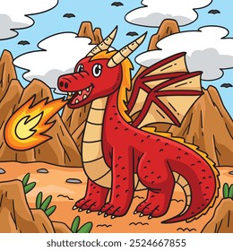 Dragon Breathing Fire Colored Cartoon 