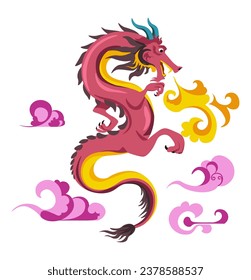 Dragon breathing flames and fire tongues. Isolated personage or creature from Chinese mythology. Reptile beast with clwas and long tail, fantasy character and fluffy clouds. Vector in flat style