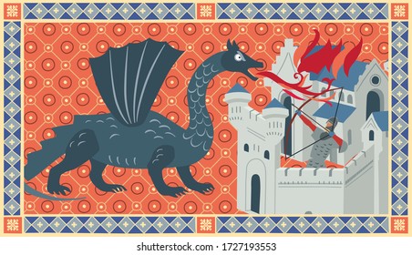 Dragon burns the city. Medieval book illustration on a red background