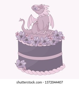DRAGON CAKE Birthday Party Cartoon Vector Illustration Set