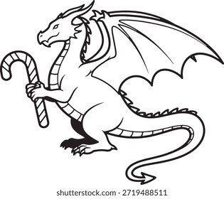 Dragon With Candy Cane Silhouette Icon Vector Fantasy Creature Holiday Christmas Logo Symbol Sign Illustration