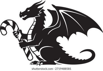 Dragon With Candy Cane Silhouette Icon Vector Fantasy Creature Holiday Christmas Logo Symbol Sign Illustration