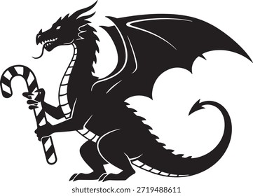 Dragão Com Cana De Doce Silhueta Ícone Vetor Fantasia Criatura Natal Logo Símbolo Símbolo Ilustração