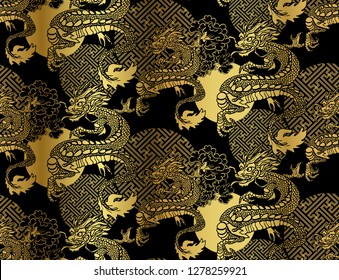 dragon card kimono  japanese chinese vector design  vector sketch illustration japanese chinese oriental line art seamless pattern