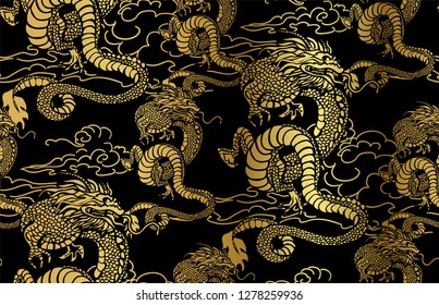 dragon card kimono  japanese chinese vector design  vector sketch illustration japanese chinese oriental line art seamless pattern