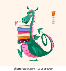 Dragon carries a large stack of books. Diada de Sant Jordi (the Saint George’s Day). Traditional festival in Catalonia, Spain. Vector illustration. 