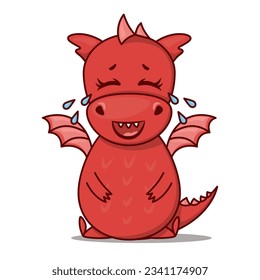 Dragon cartoon character. Cute laughs to tears red dragon. Sticker emoticon with launghter facial expression emoticon. Vector illustration on white background