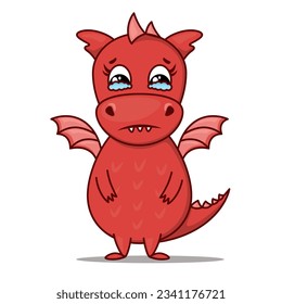 Dragon cartoon character. Cute red dragon holding back tears. Sticker emoticon with sadness emoticon. Vector illustration on white background