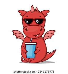 Dragon cartoon character. Cute red dragon with sunglasses drinks soda. Sticker emoticon with cool emotion. Vector illustration on white background
